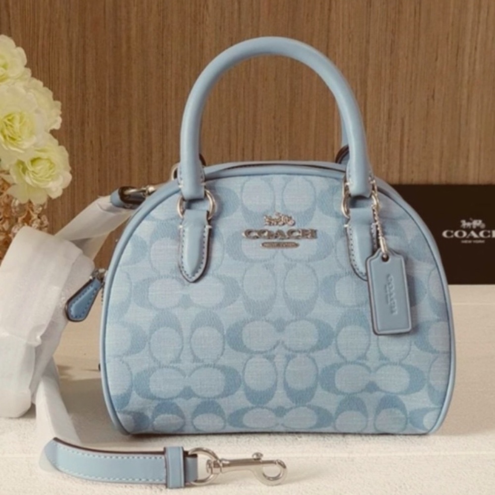 COACH CH140 Sydney Satchel Bag In Signature Chambray &Leather Cornflower Blue.